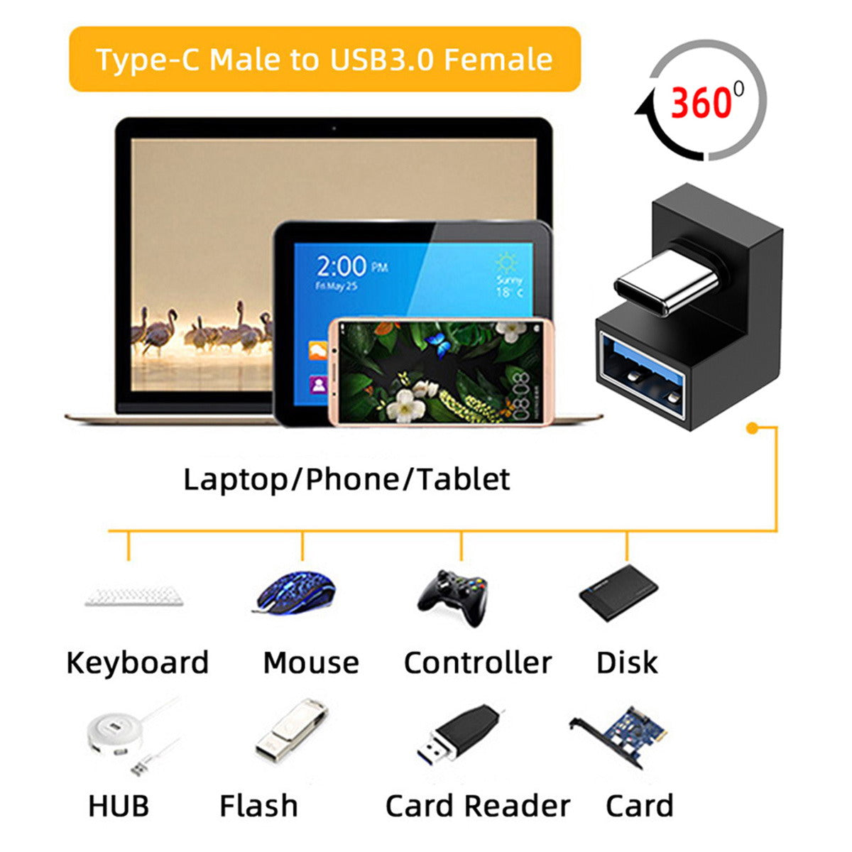Chenyang 360 Degree Up Down Angled Type-C USB-C OTG to USB 3.0 Female Extension Adapter for Cell Phone Tablet UC-088