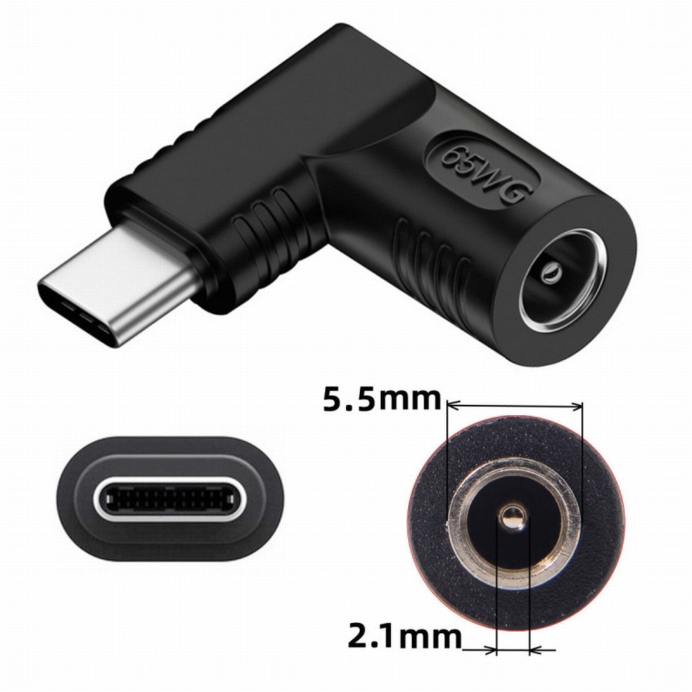 Chenyang DC Jack 5.5x2.1mm Input to USB-C Type-C Angled 90 Degree Power Plug Charge Adapter for Laptop Phone UC-211-RI-5521MM