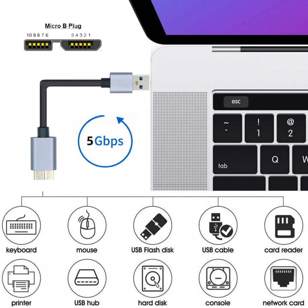 Chenyang USB 3.0 Type-A Male to Micro 3.0 B Male Cable Silver 5Gbps for Disk SSD Camera Data 30cm U3-075-MM