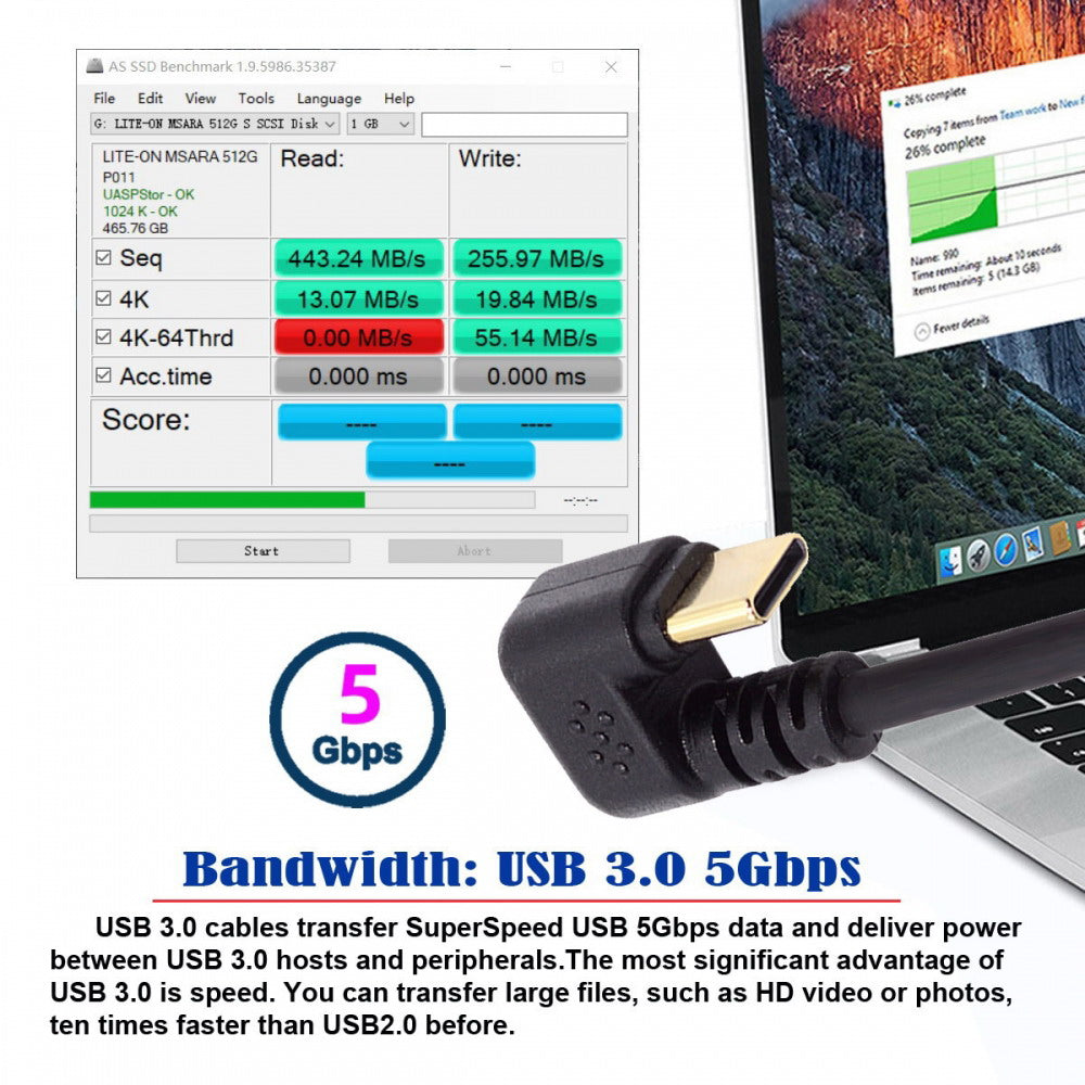 Chenyang Up Angled USB3.0 Type-A to Type C USB-C Male to Male Power Data Cable 5Gbps USB-C Opposite U Shape Back Angled UC-101-UP