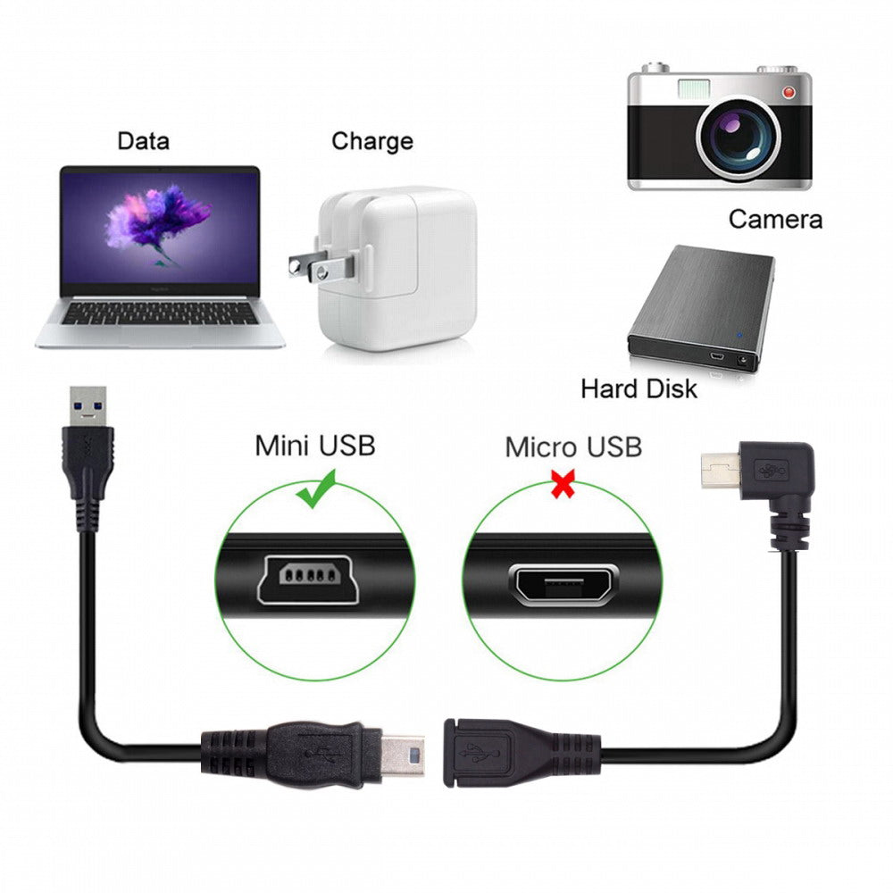 Chenyang 90 Degree Right Angled Mini USB 5Pin Male to Female Extension Cable 30cm for GPS Camera U2-049-RI