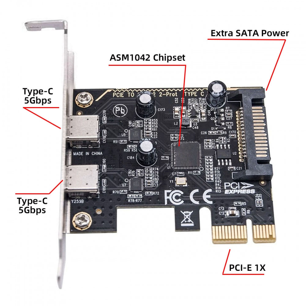 Chenyang Card USB3.1 Gen1 5Gbps Dual Type-C USB-C Female to PCI-E Express 1x Card Adapter ASM1042 with Low Profile Bracket