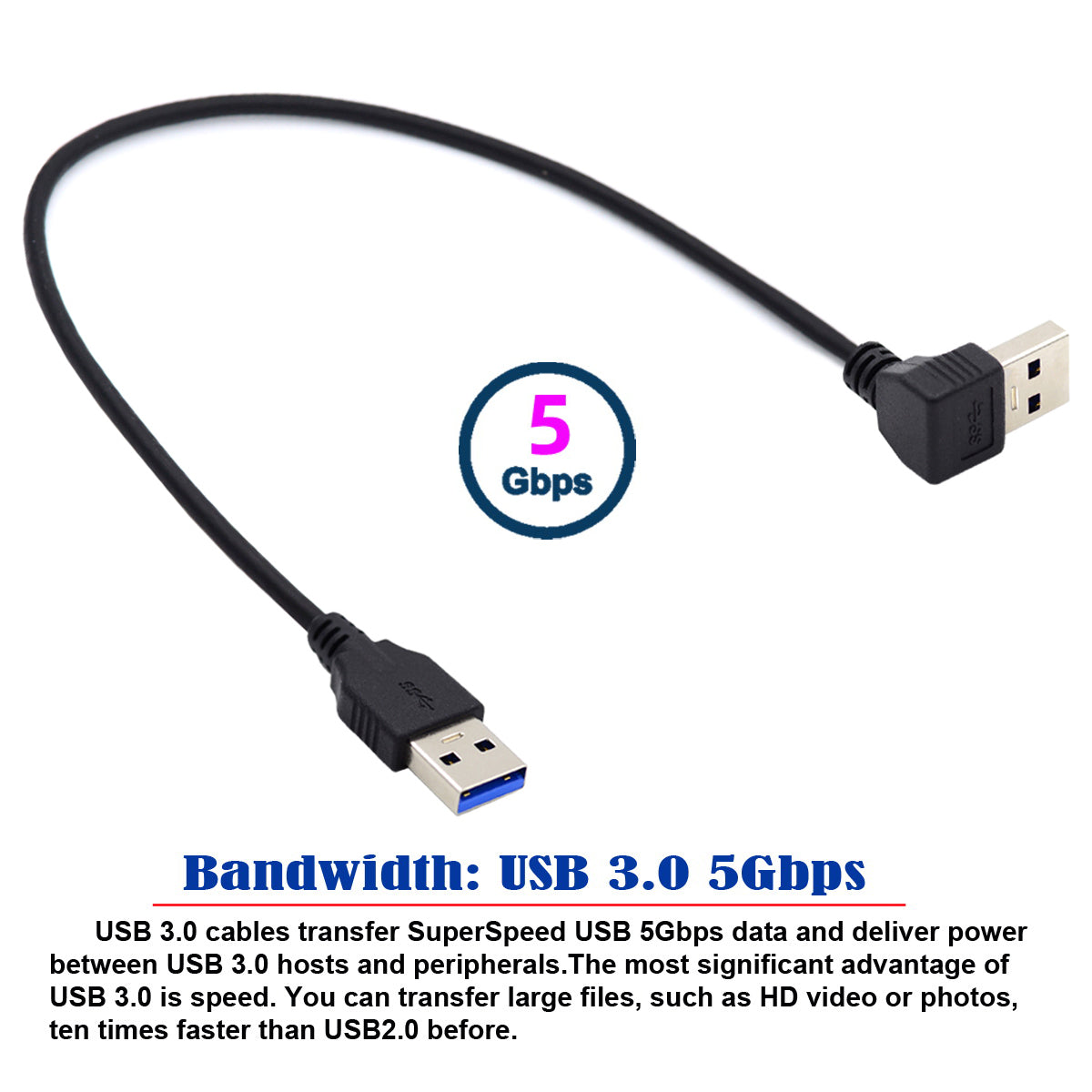 Chenyang Down Angled USB 3.0 Type-A Male to Straight 3.0 Type-A Male Data 5Gbps Cable U3-069-DN