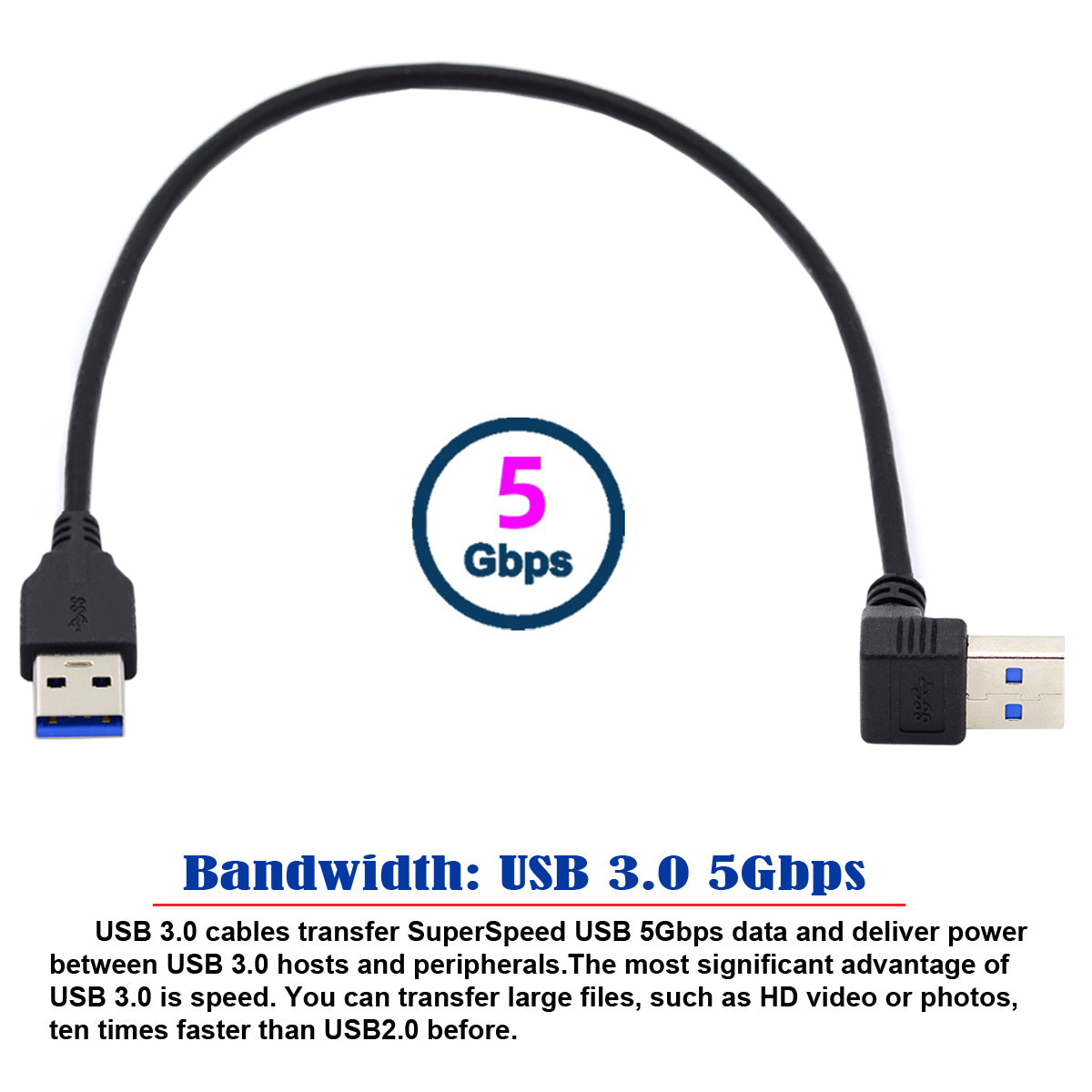 Chenyang Up Angled USB 3.0 Type-A Male to Straight 3.0 Type-A Male Data 5Gbps Cable U3-069-UP